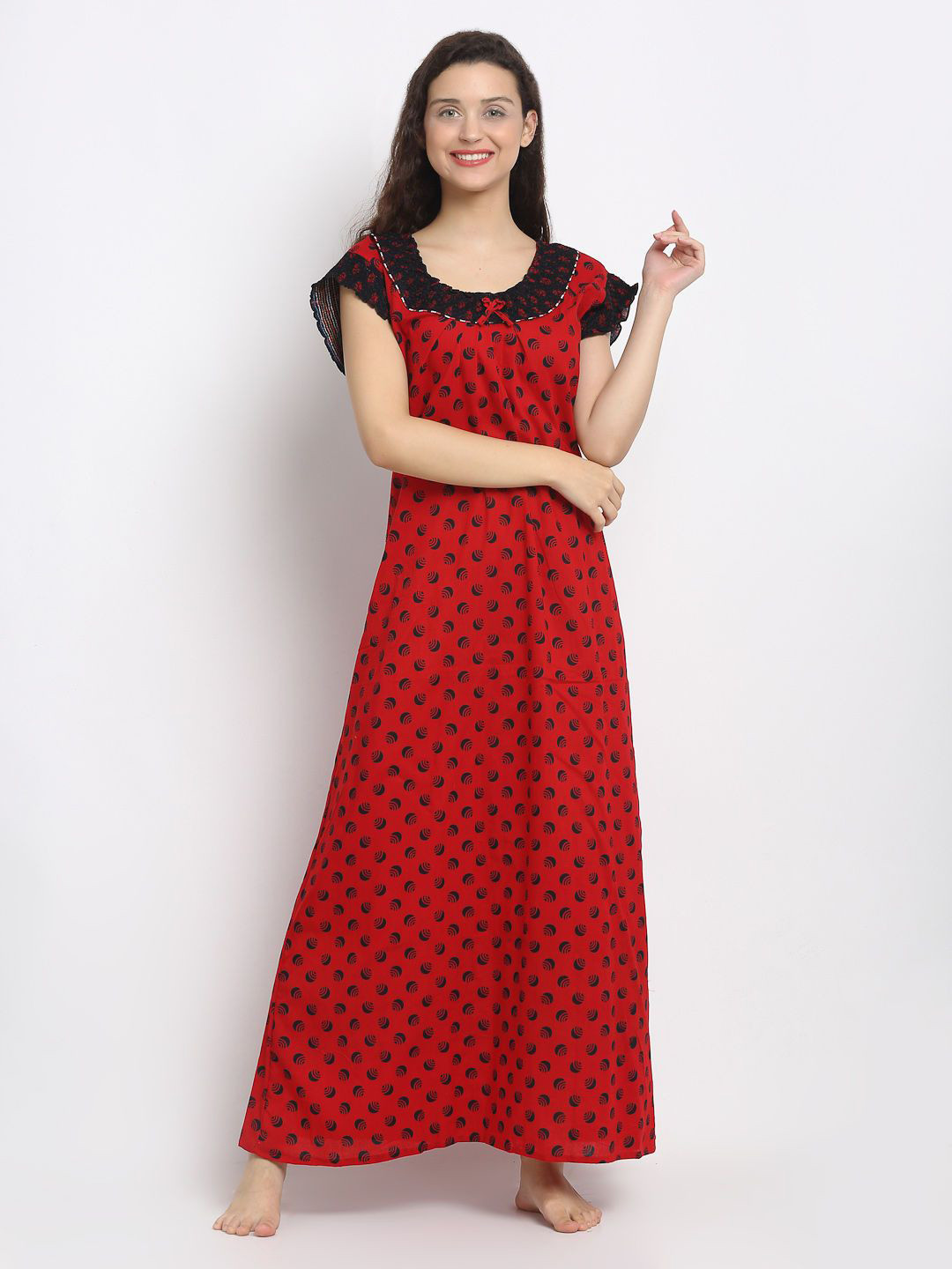 

Secret Wish Women Polka Dots Printed Cotton Maxi Nightdress, Red