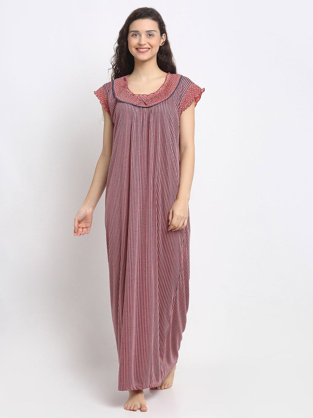 Secret Wish Women Hosiery Striped Maxi Nightdress, Orange