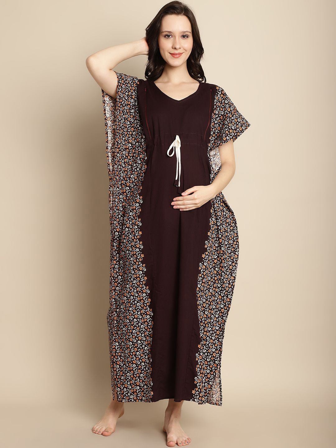 

Secret Wish Floral Pure Cotton Printed Maxi Maternity Kaftan Nightdress, Brown