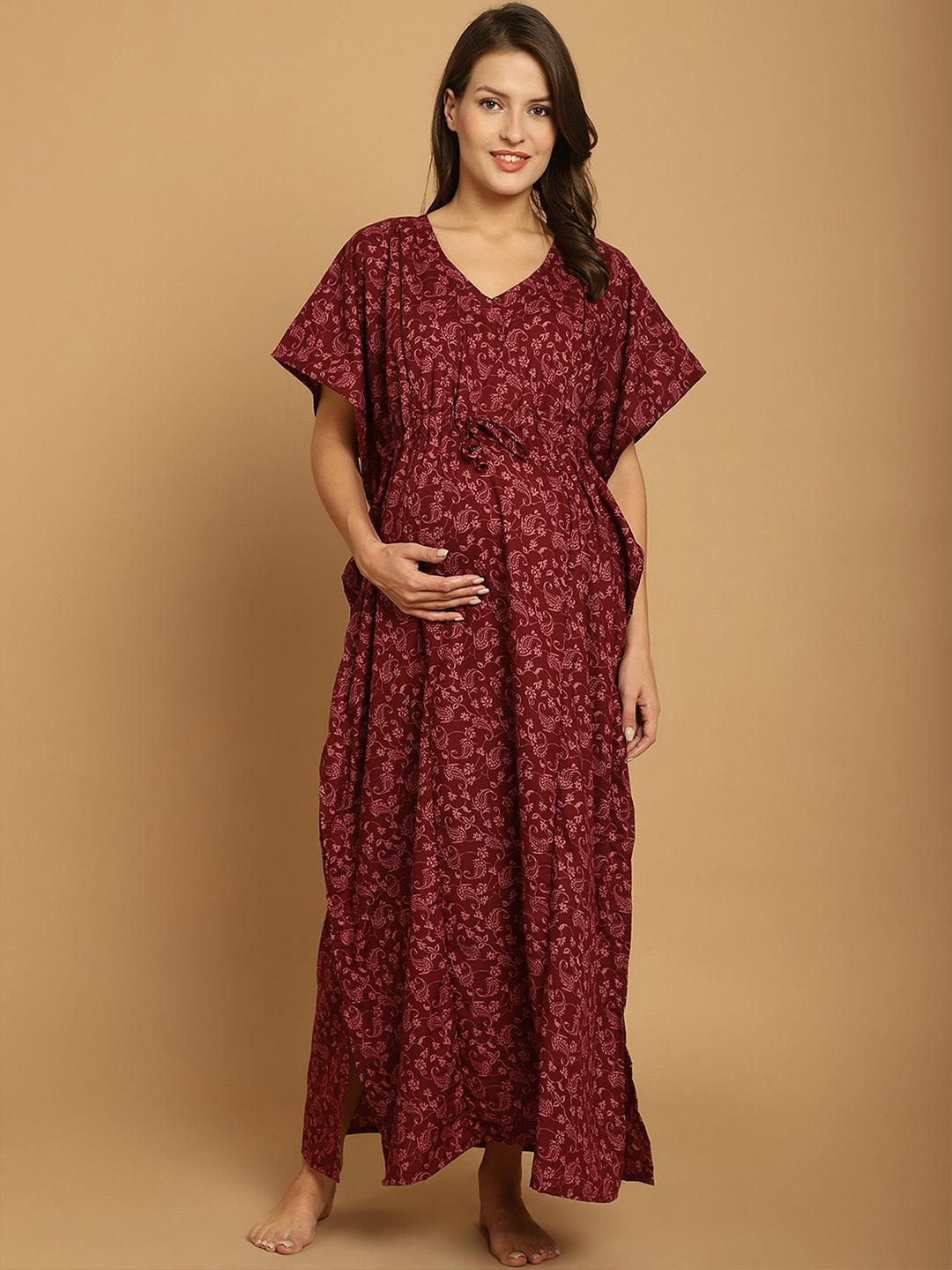 

Secret Wish Women Printed Cotton Maternity Maxi Nightdress, Maroon