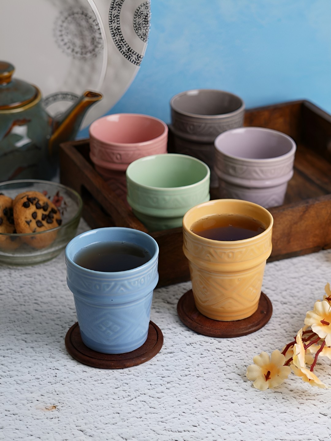 

Aura Pink & Blue 6 Pieces Textured Ceramic Kulladhs 120 ml Each