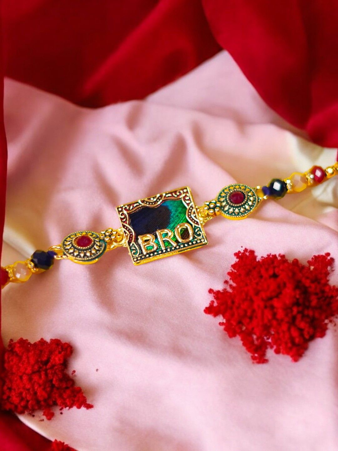 

ADIVA Gold-Plated Mor Pankh & Beaded Thread Rakhi