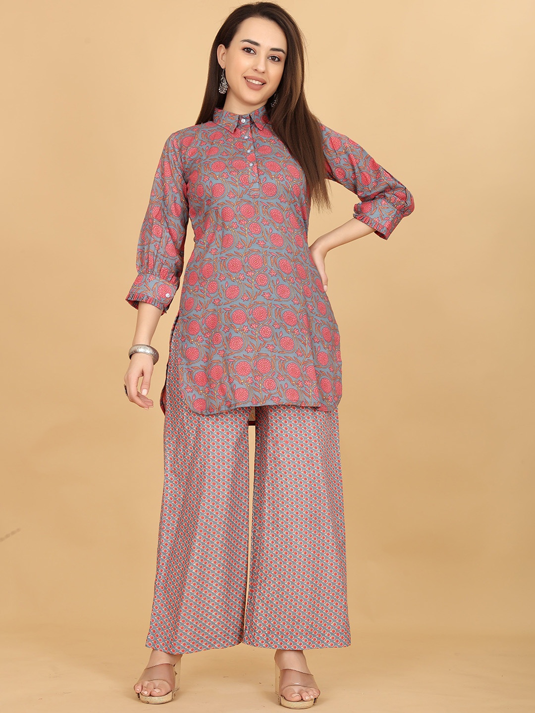 

ODD BY chansi TRENDZ Printed Shirt Collar Tunic With Trousers, Grey