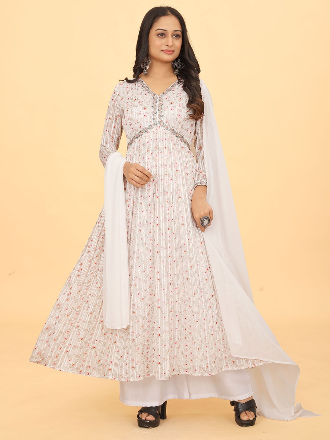 

ODD BY chansi TRENDZ Floral Printed Empire Anarkali Kurta With Palazzos & Dupatta, White