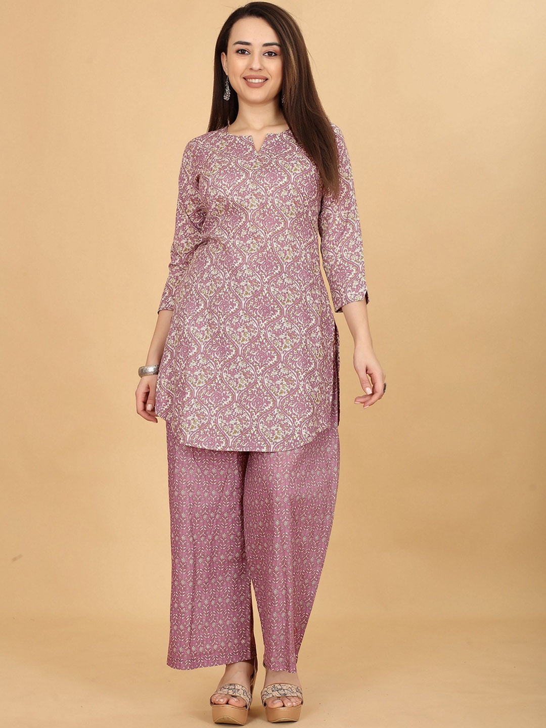 

ODD BY chansi TRENDZ Ethnic Motifs Printed Notch Neck Regular Straight Kurti With Palazzos, Mauve