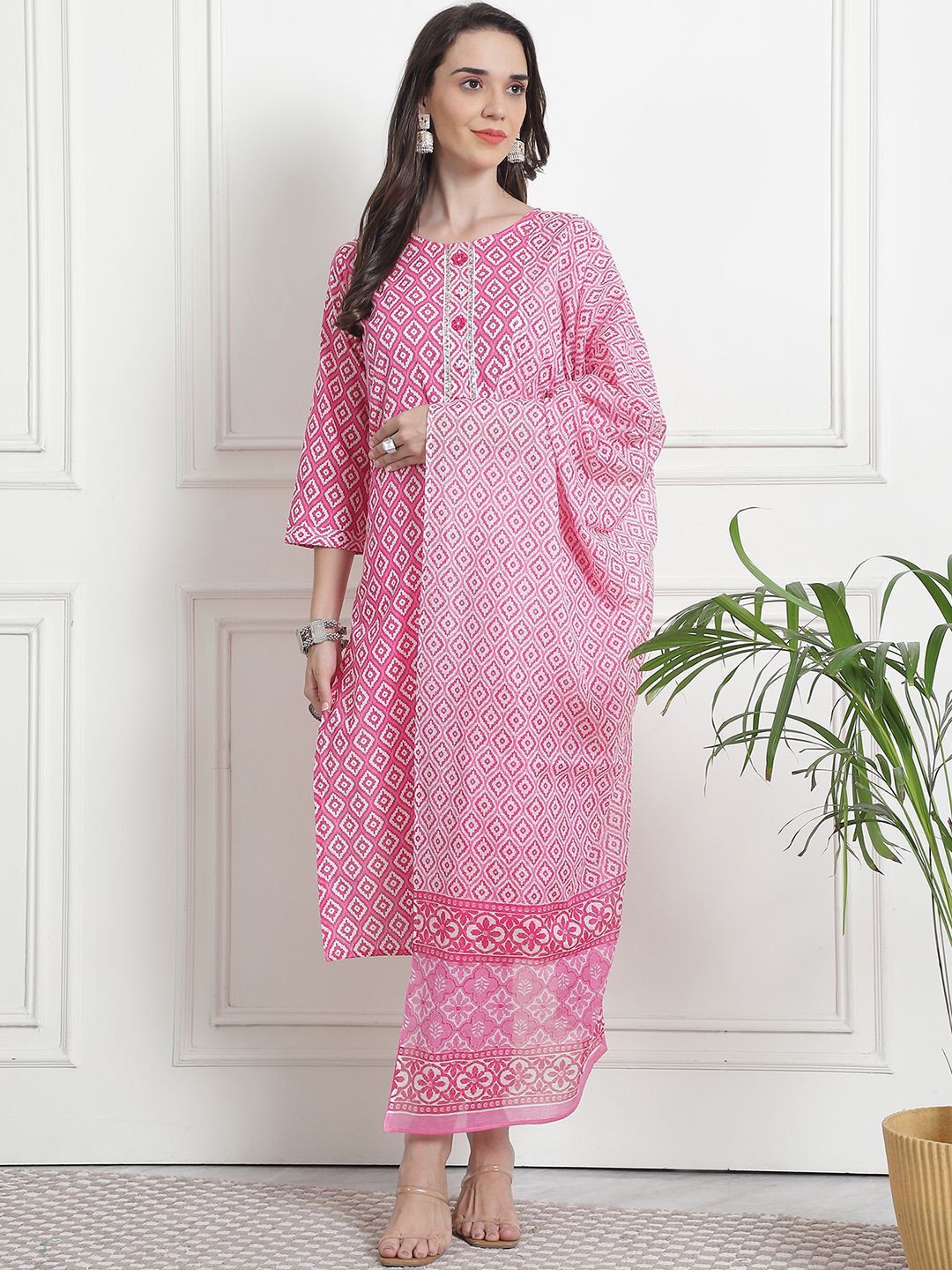 

KALINI Floral Printed Regular Pure Cotton Straight Kurta with Trousers & With Dupatta, Pink