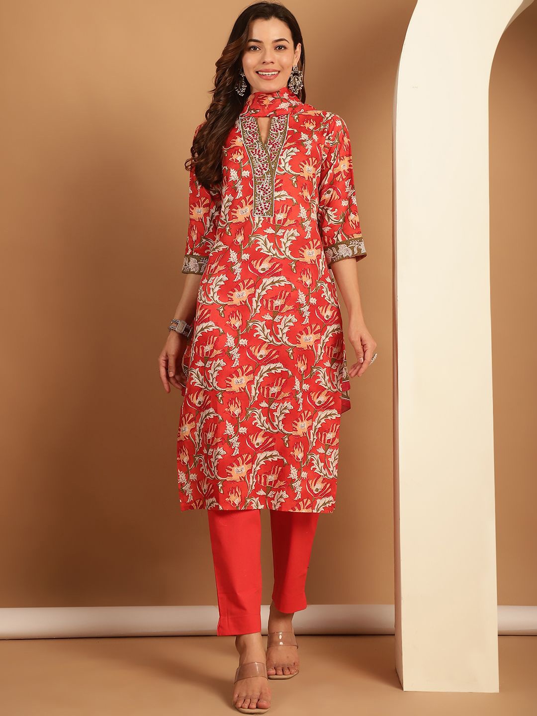 

KALINI Printed Regular Thread Work Pure Cotton Straight Kurta with Trousers & With Dupatta, Red