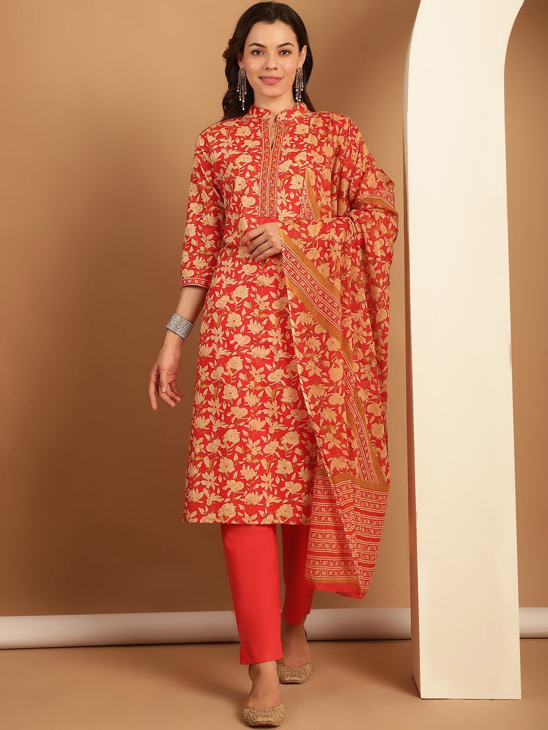 

KALINI Floral Printed Regular Pure Cotton Straight Kurta with Trousers & With Dupatta, Orange