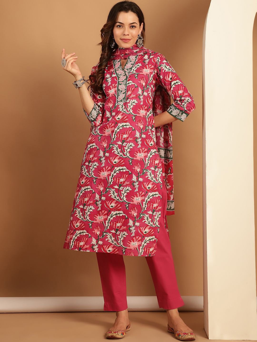 

KALINI Floral Printed Pure Cotton Straight Kurta & Trousers With Dupatta, Red