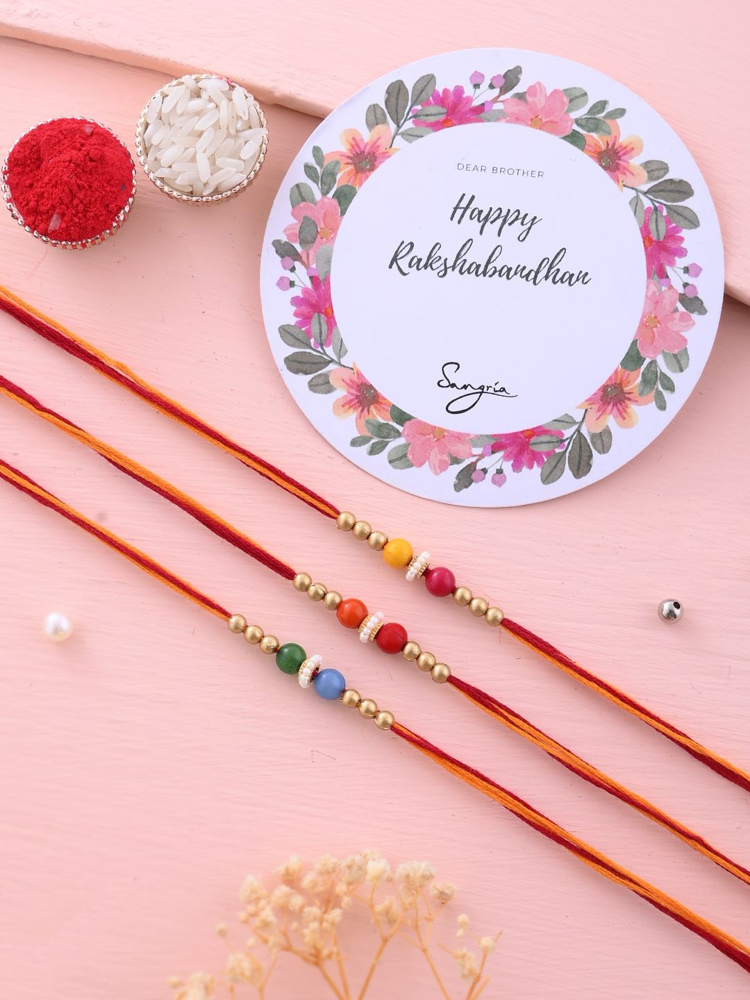 

Sangria Set Of 3 Beaded Rakhis with Card & Roli Rice, Red