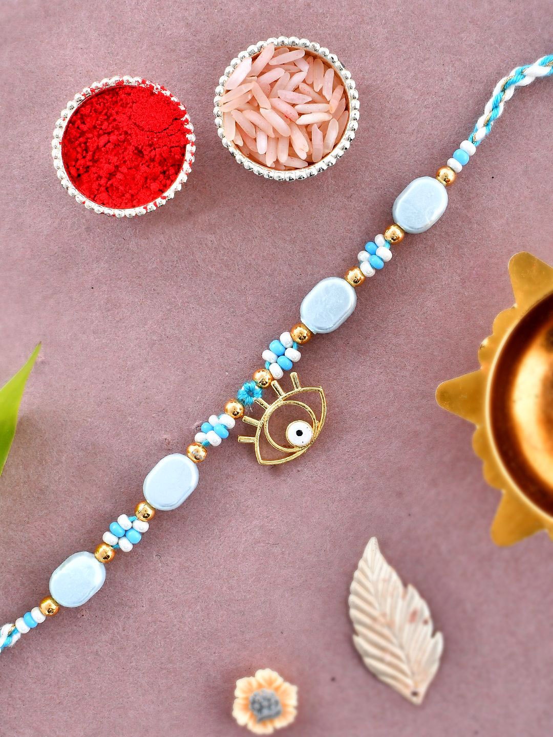

Sangria Evil Eye Beaded Rakhi With Roli Chawal & Greeting Card, Gold