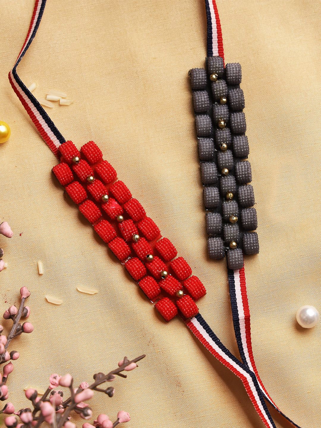 

Sangria Set Of 3 Geometric Beaded Rakhis With Roli Chawal & Greeting Card, Red