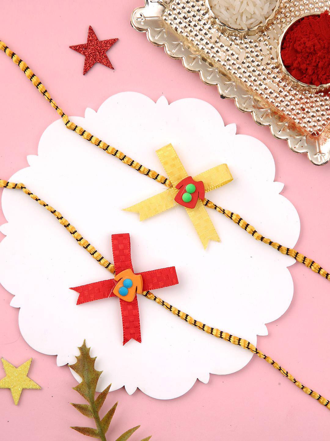 

Sangria Kids Set Of 2 Beaded Rakhis With Roli Chawal & Greeting Card, Red