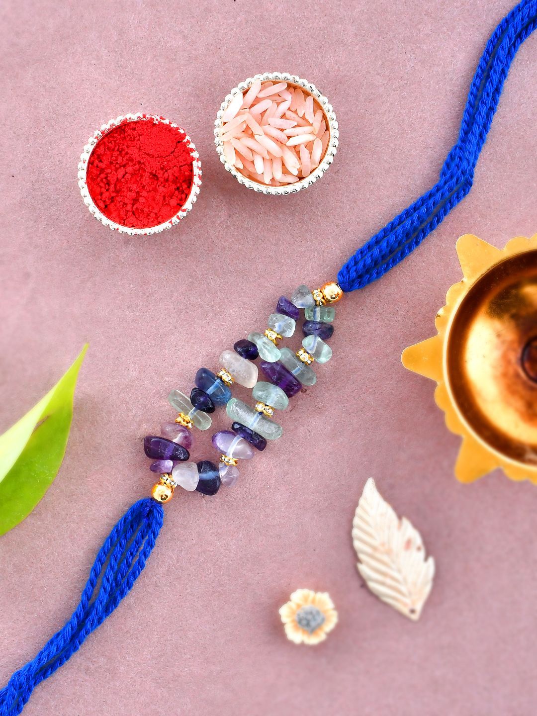 

Sangria Evil Eye Charm Thread Rakhi Greeting Card & Roli Chawal, Blue