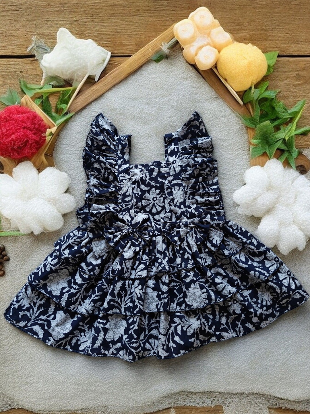 

LYTIX Girls Floral Print Ruffled Square Neck Flutter Sleeves Fit & Flare Above Knee Dress, Blue
