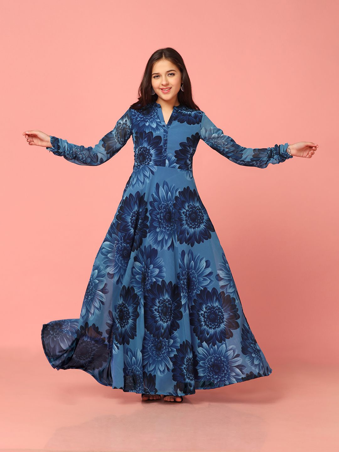 

BAESD Girls Floral Print Georgette Fit & Flare Maxi Ethnic Dress, Navy blue