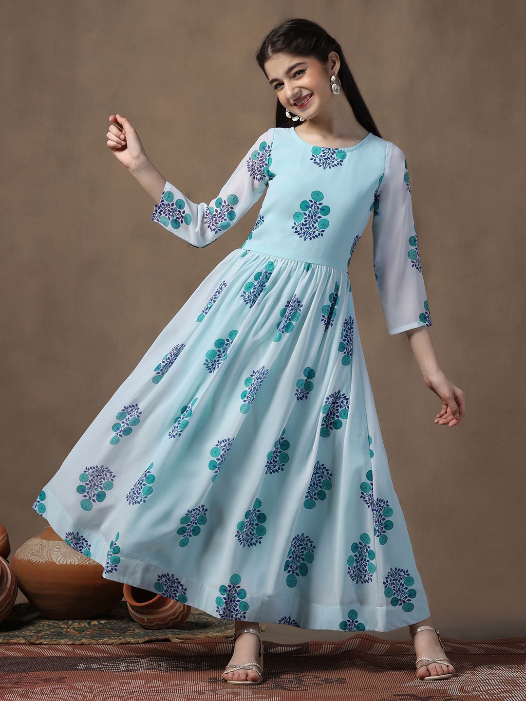 BAESD Girls Floral Print Georgette Maxi Fit & Flare Dress, Blue