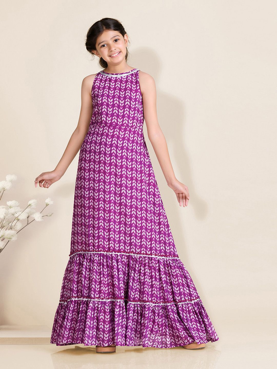 

BAESD Girls Printed Round Neck Sleeveless Tiered Fit & Flare Maxi Dress, Purple