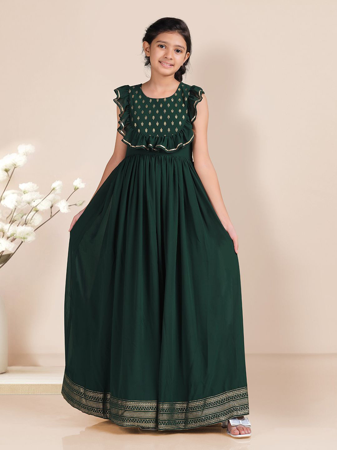 

BAESD Girls Georgette Foil Printed Fit and Flare Maxi Ethnic Dress, Green