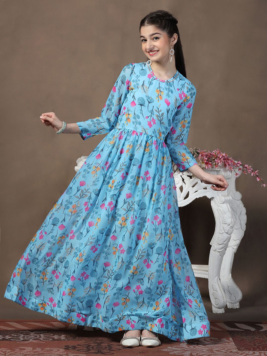 BAESD Girls Floral Print Georgette Maxi Fit & Flare Dress, Blue