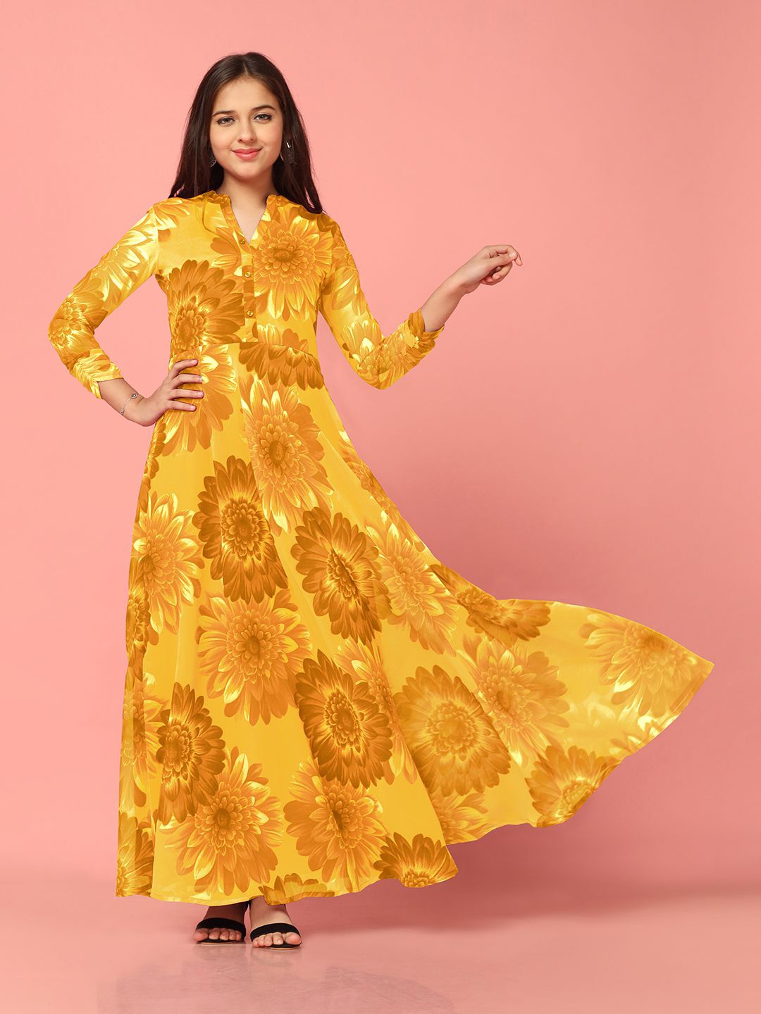 

BAESD Girls Floral Printed Fit and Flare Maxi Ethnic Dress, Yellow