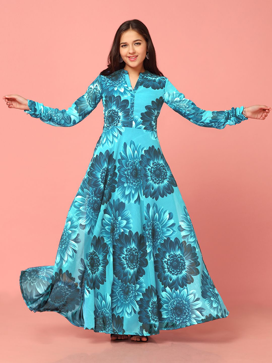 BAESD Girls Floral Print Georgette Fit & Flare Maxi Ethnic Dress, Blue