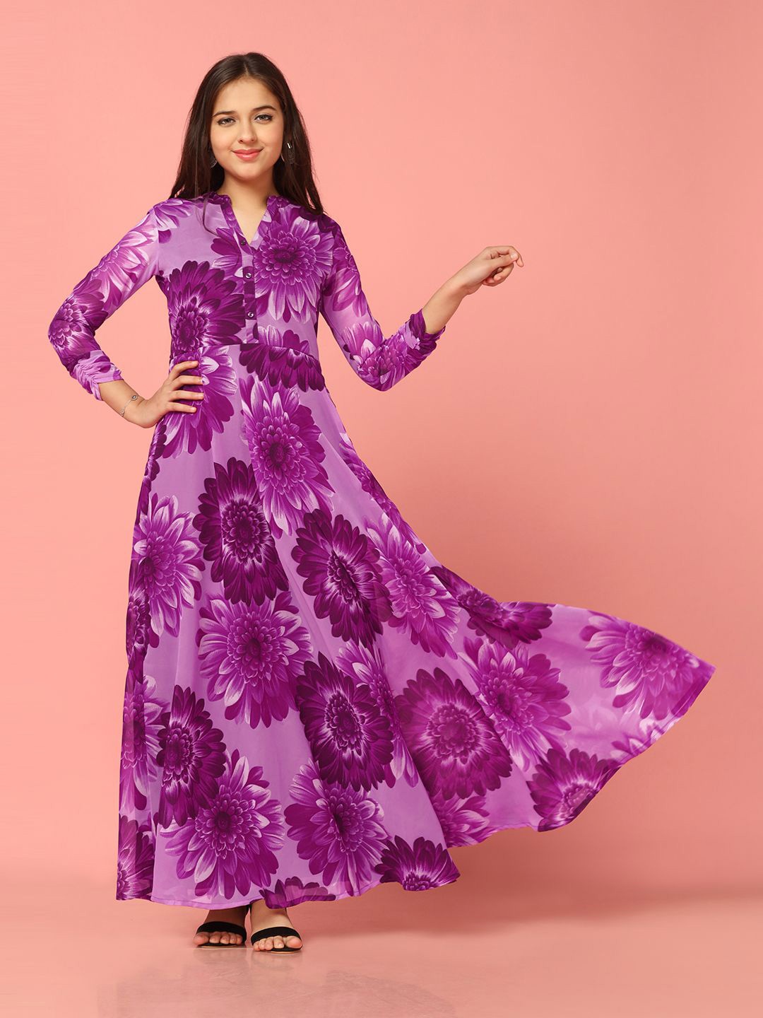 

BAESD Girls Floral Printed Mandarin Collar Georgette Maxi Ethnic Dress, Purple