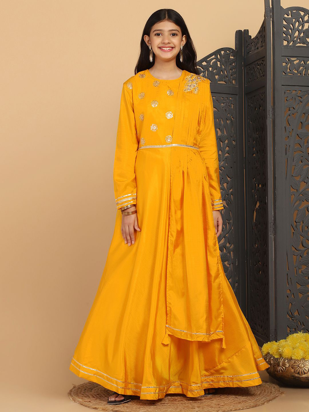 

BAESD Girls Satin Embroidered A-line Maxi Dress, Yellow