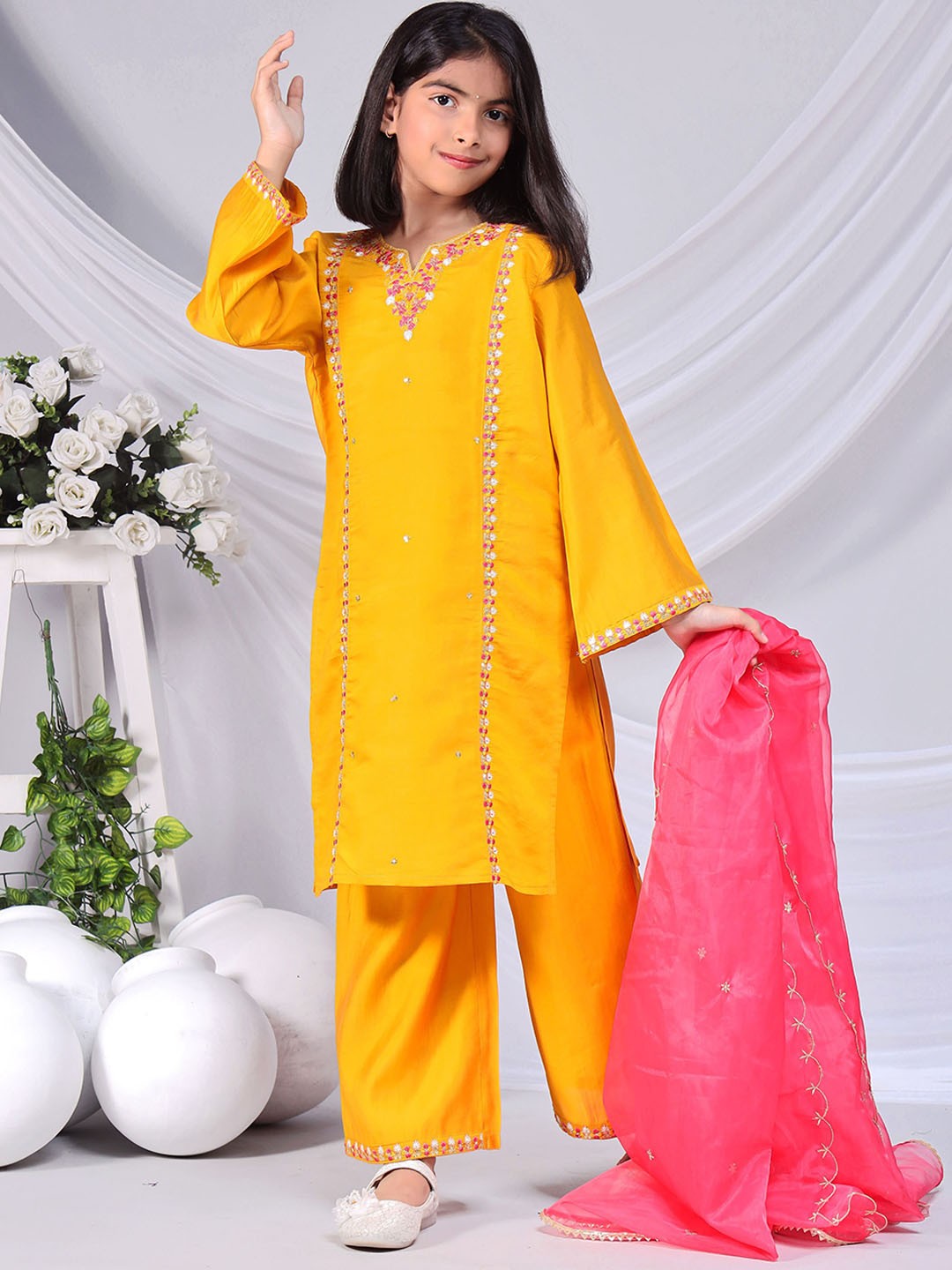 

misbis Girls Florl Embroidered Straight Kurti with Palazzos & With Dupatta, Mustard