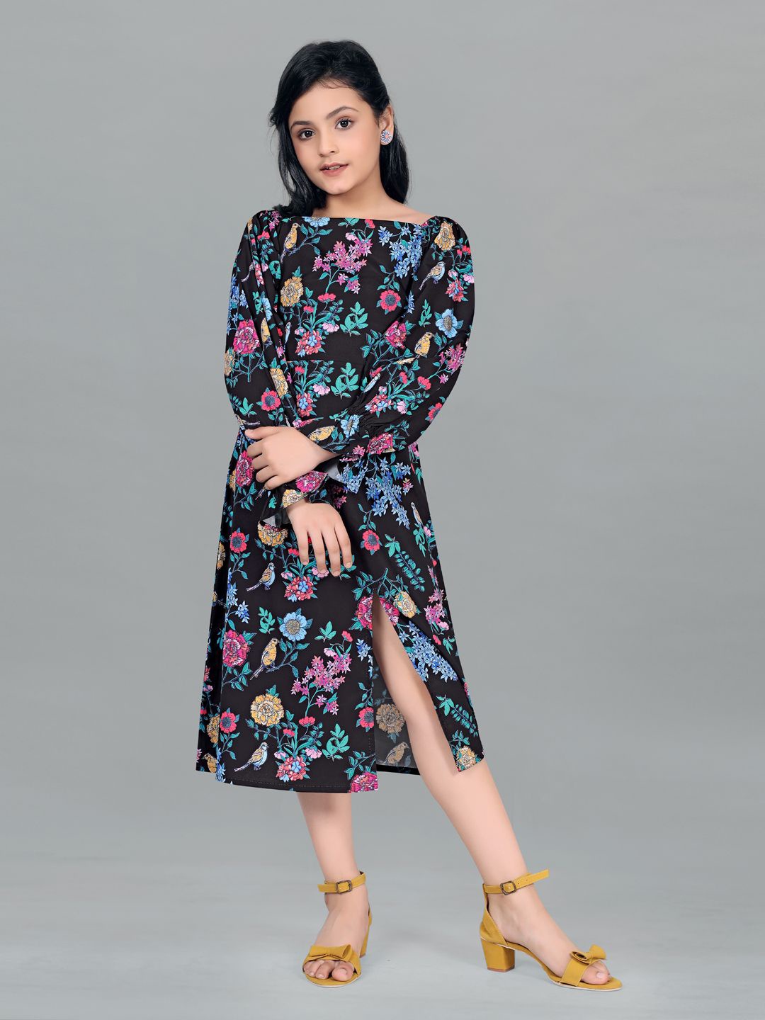 

BAESD Girls Floral Printed Puff Sleeve Crepe A-Line Midi Dress, Black