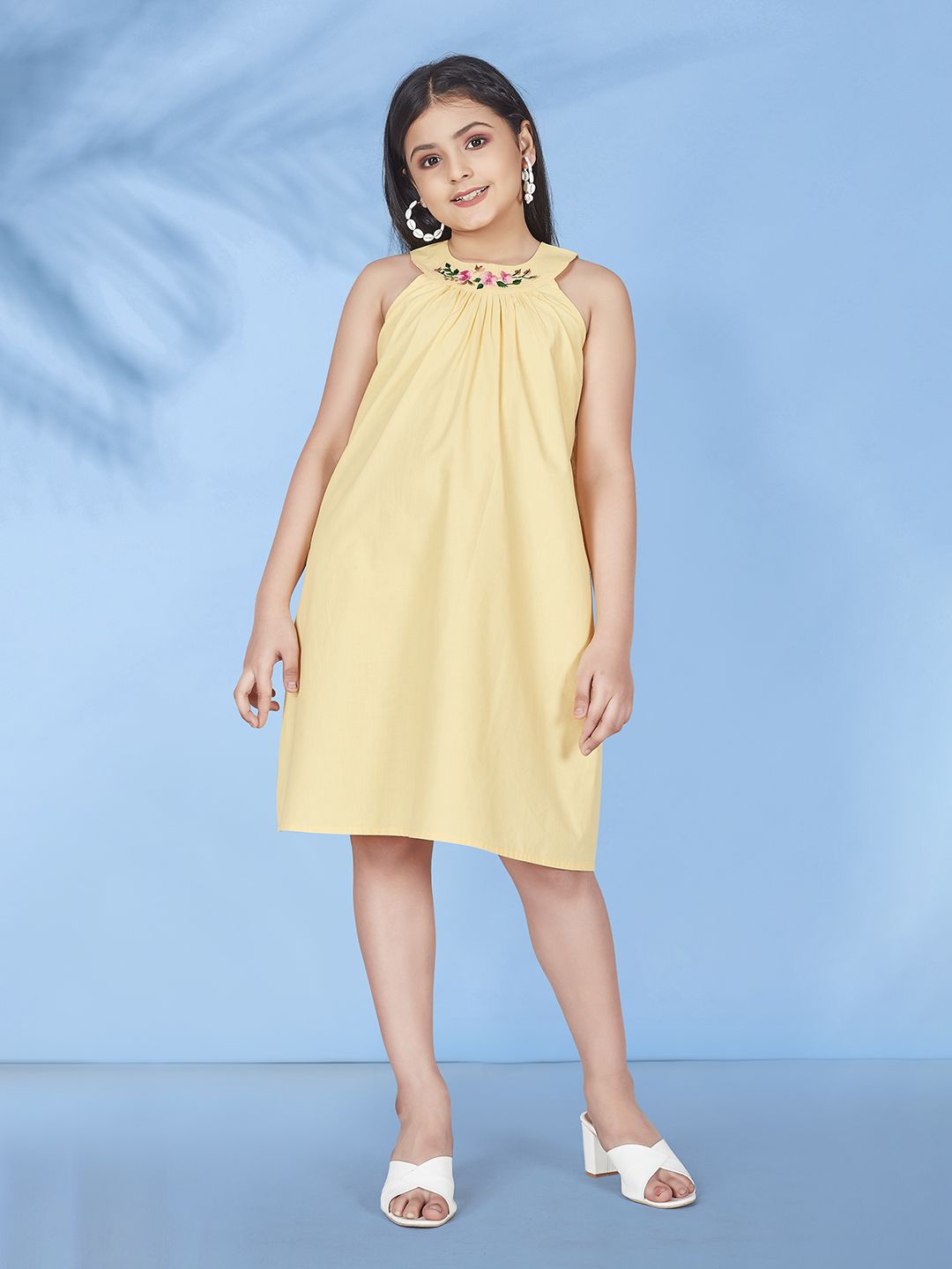 

BAESD Girls Round Neck Sleeveless Embroidered A-Line Dress, Yellow