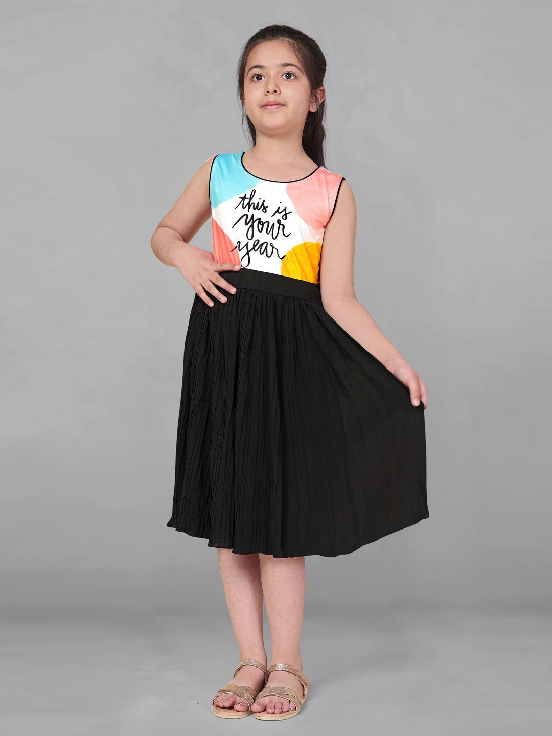 

BAESD Girls Printed Georgette Fit & Flare Midi Dress, Black