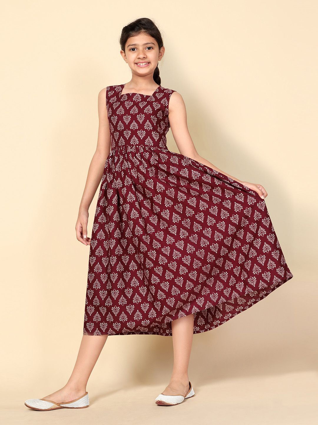 

BAESD Girls Ethnic Motifs Printed A-Line Midi Dress, Maroon