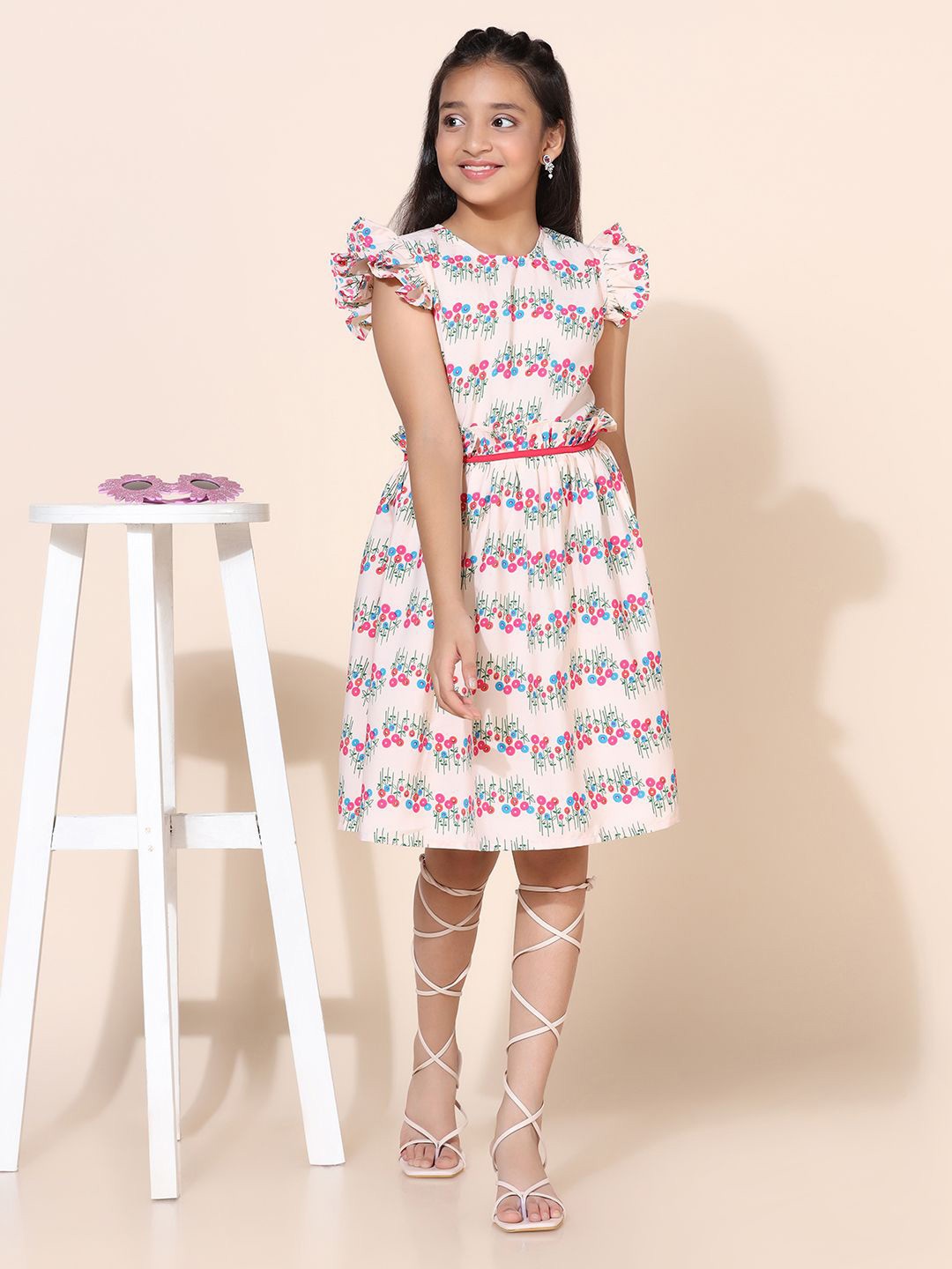 

BAESD Girls Flutter Sleeve Fit & Flare Floral Dress, Cream
