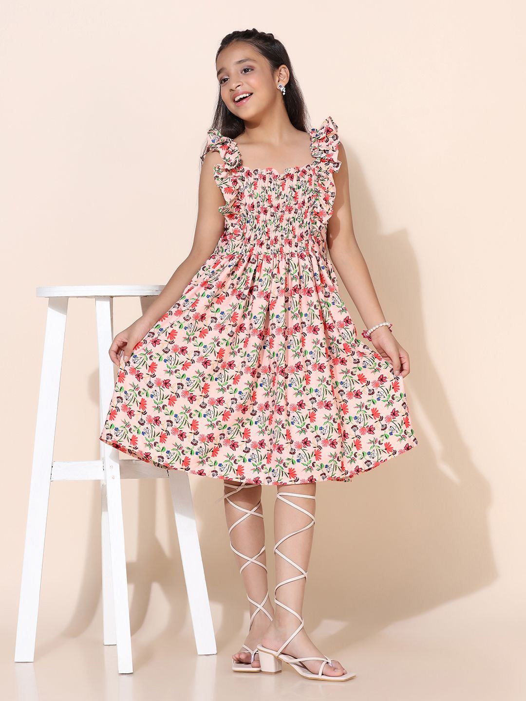 

BAESD Girls Floral Printed Ruffled Crepe Fit & Flare Dress, Peach