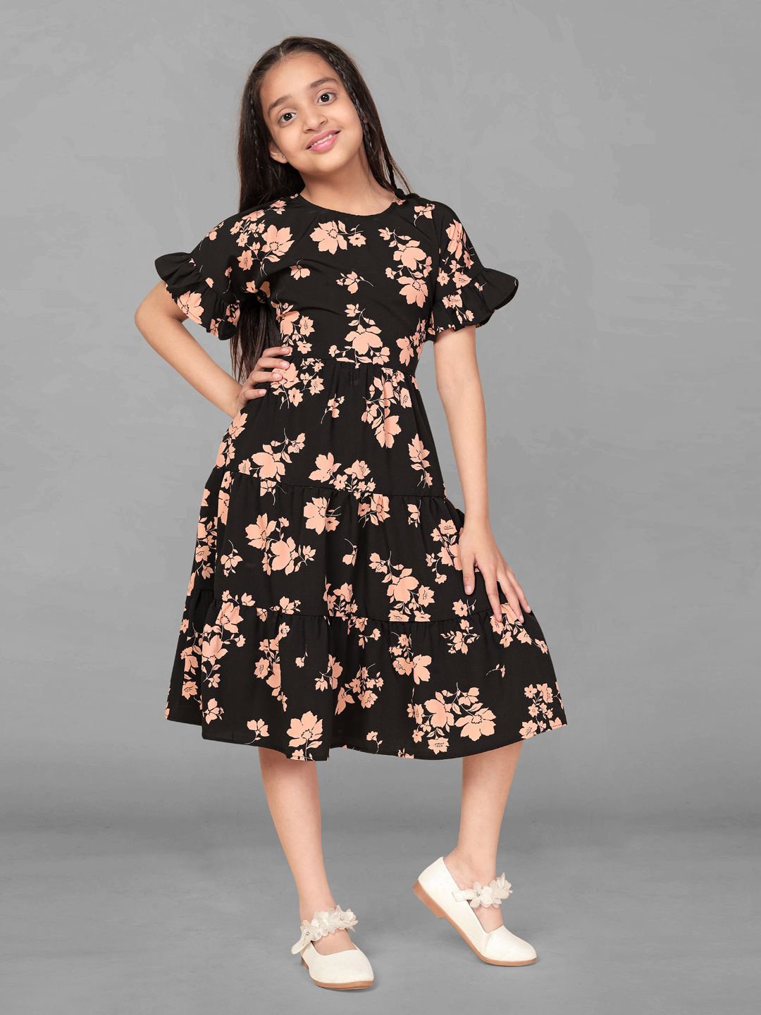 

BAESD Girls Ruffled Flared Sleeve Tiered Floral Midi Dress, Black