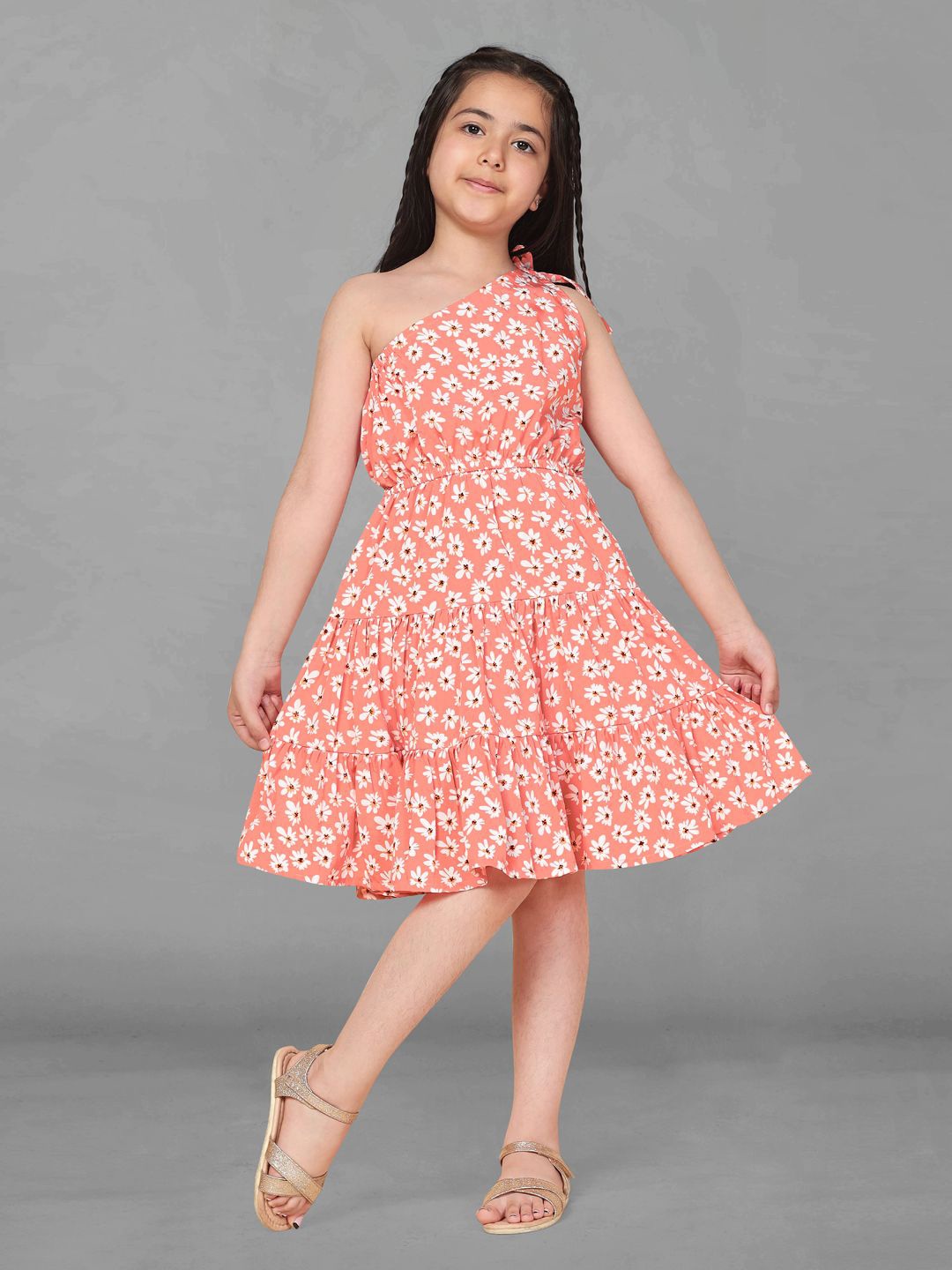 

BAESD Girls One Shoulder Fit & Flare Tiered Floral Dress, Peach