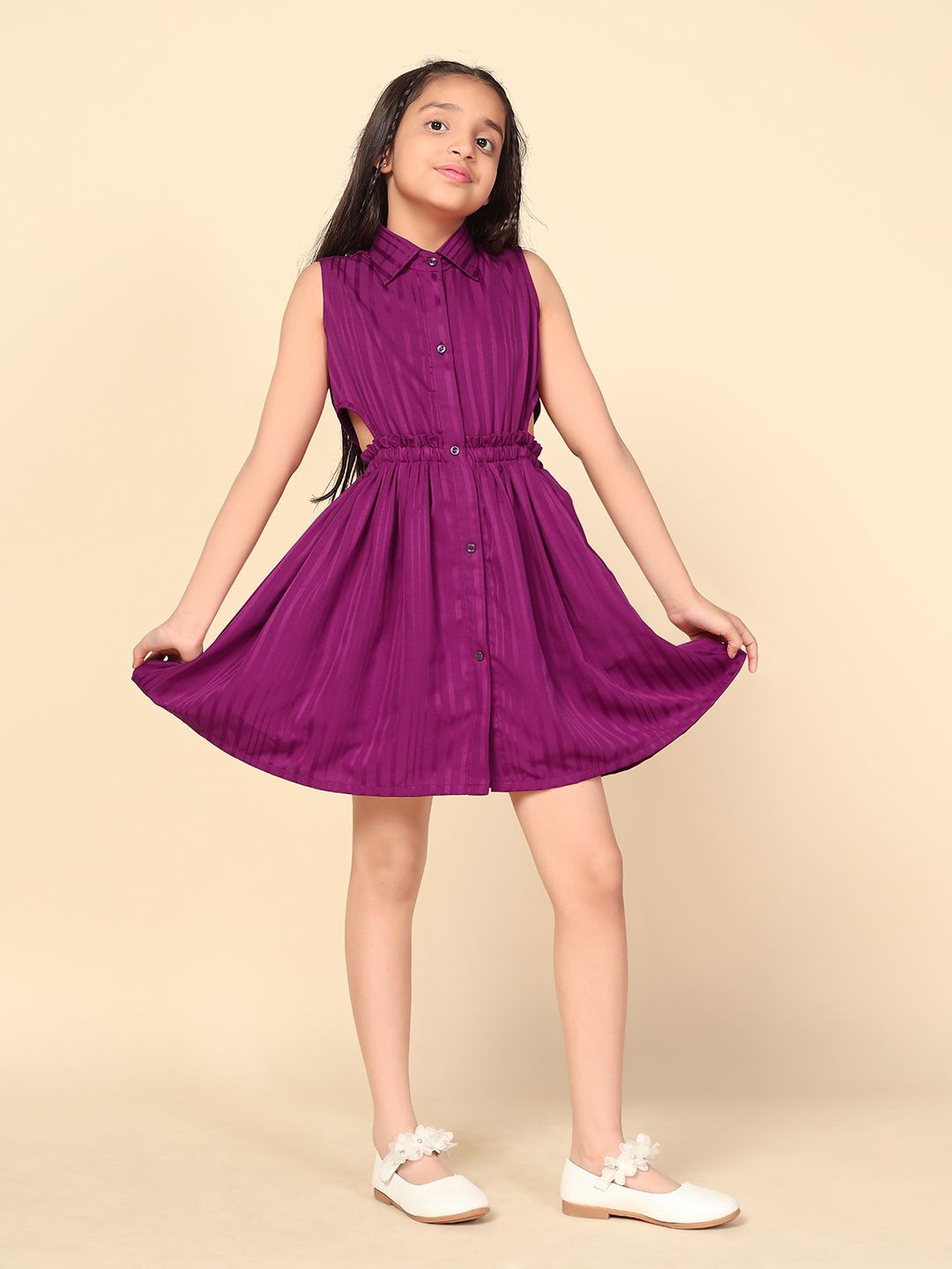 

BAESD Girls Crepe Sleeveless Shirt Collar Shirt Dress, Purple