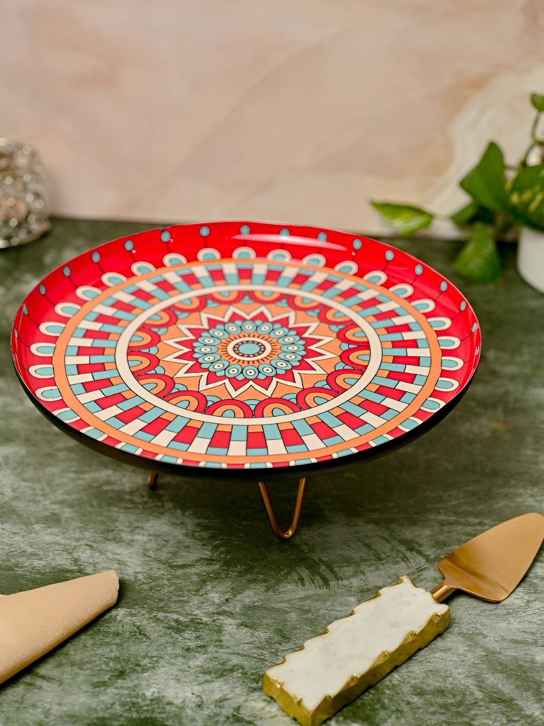 

HOMEARTE Red & Blue Metal Cake Stand & Server