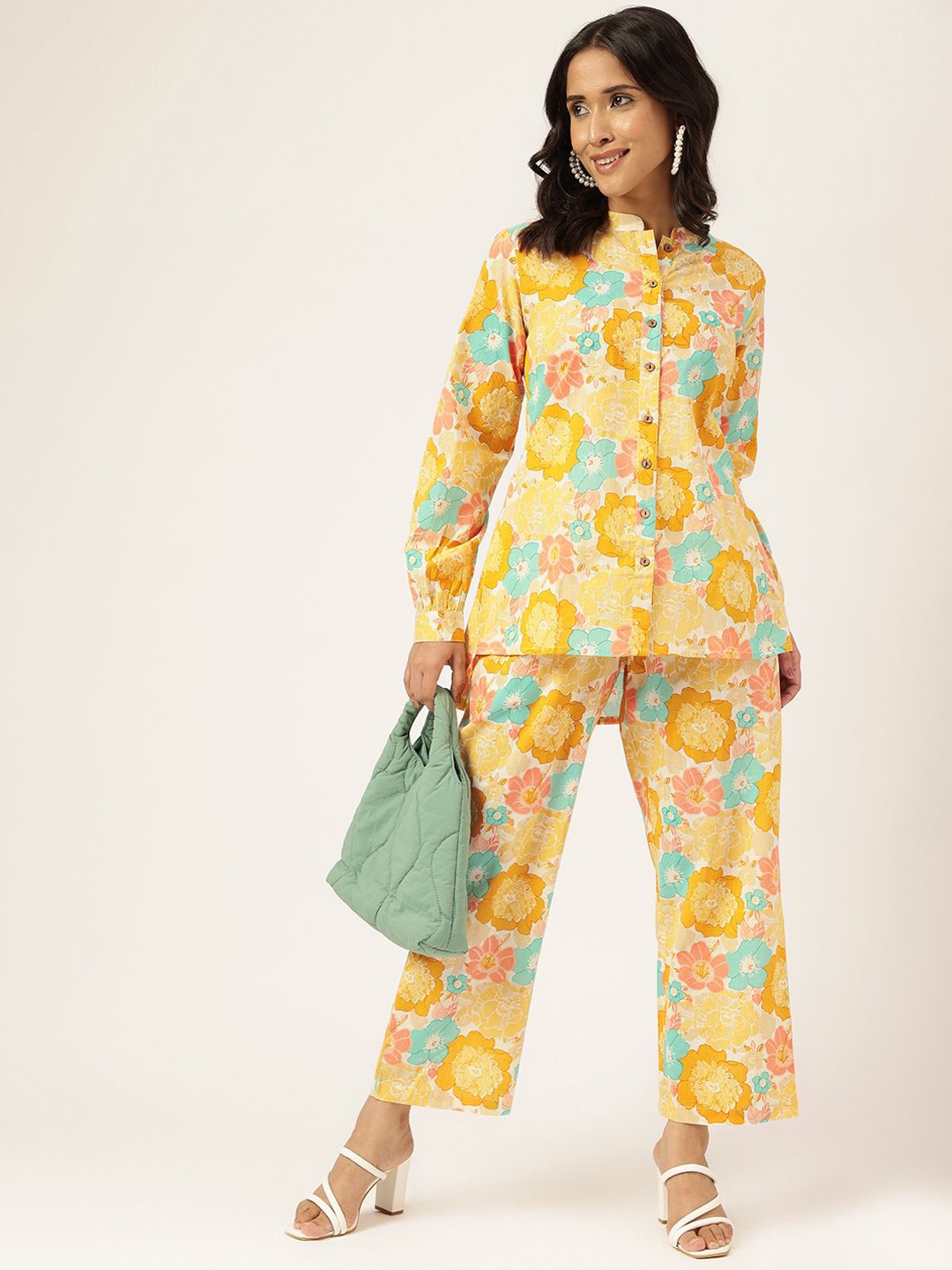 

SPARSA Floral Printed Pure Cotton Tunic With Trouser Co-Ords, Yellow