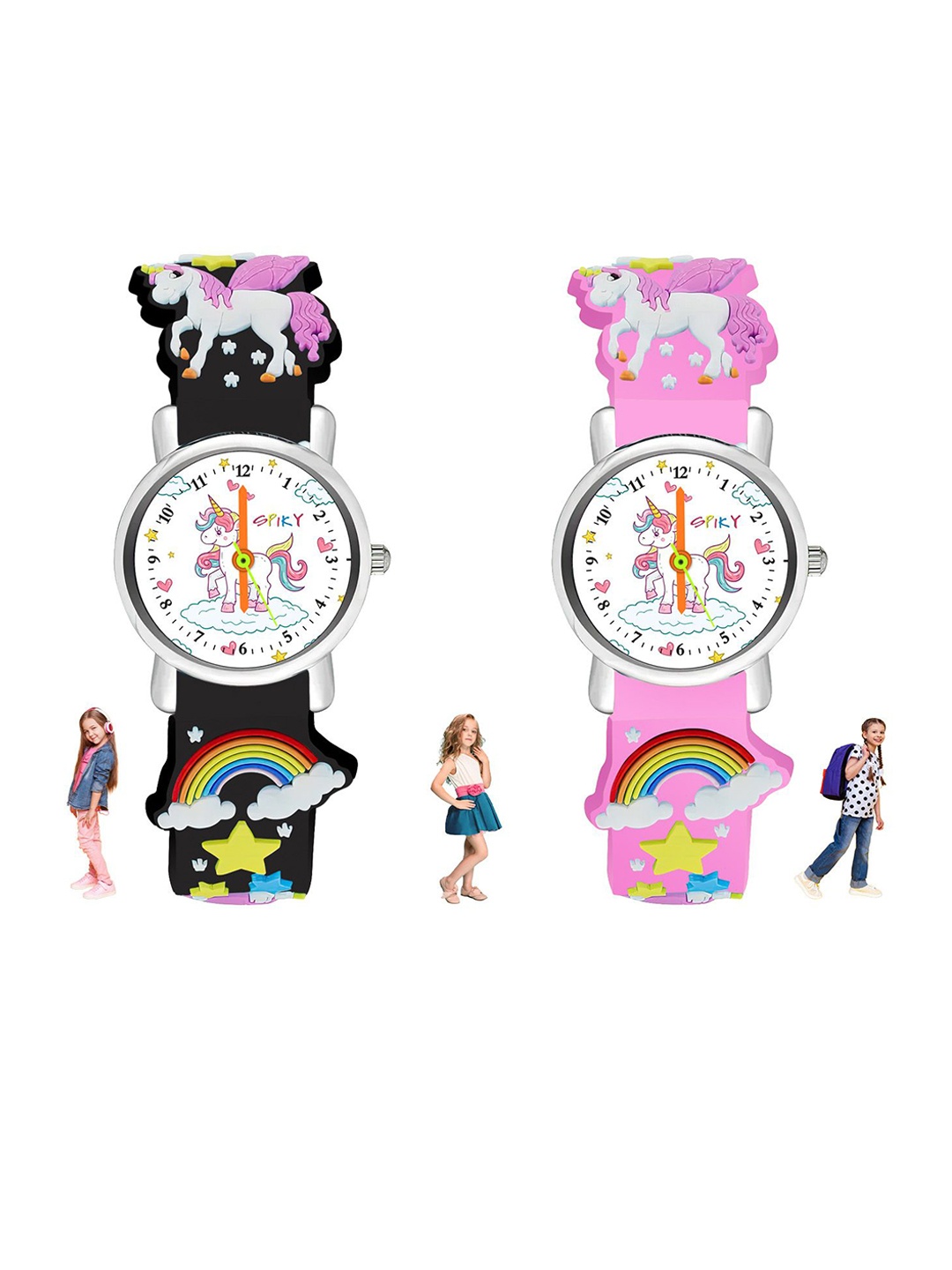 

Spiky Unisex Kids Printed Dial & Straps Analogue Multi Function Watch Combo_EVA9_BlkPnk, Black