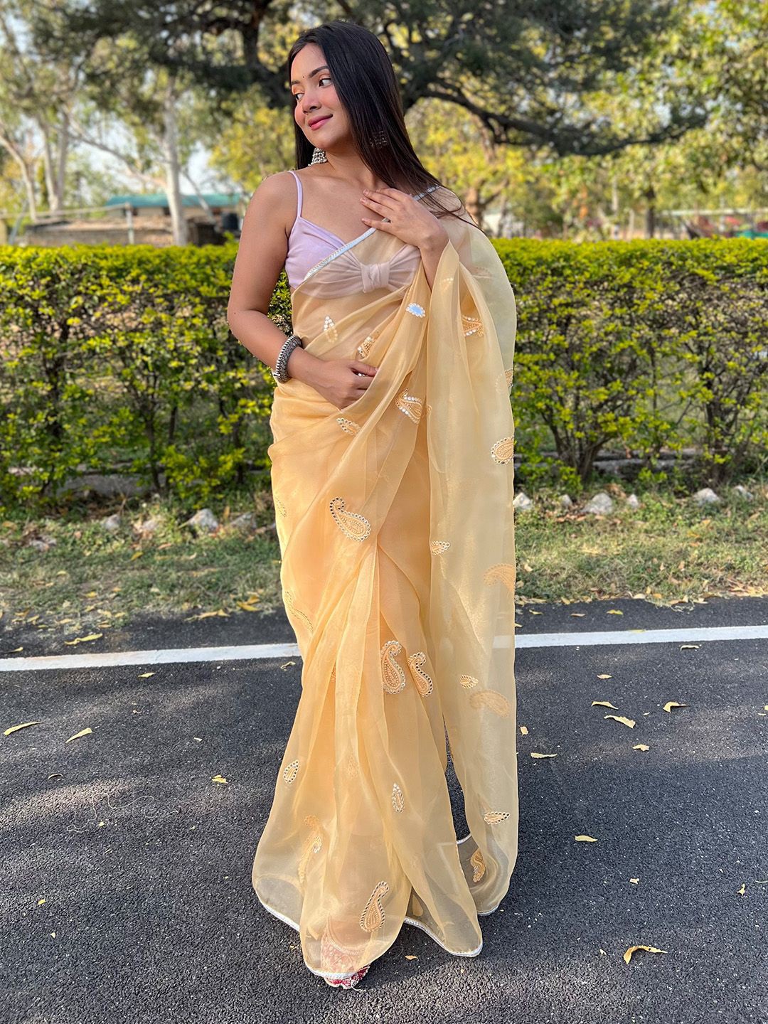 

Ishin Women Paisley Embroidered Organza Saree, Yellow