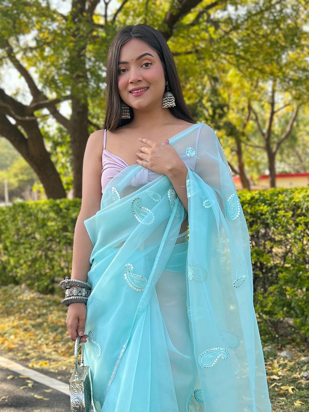

Ishin Paisley Embroidered Organza Saree, Blue
