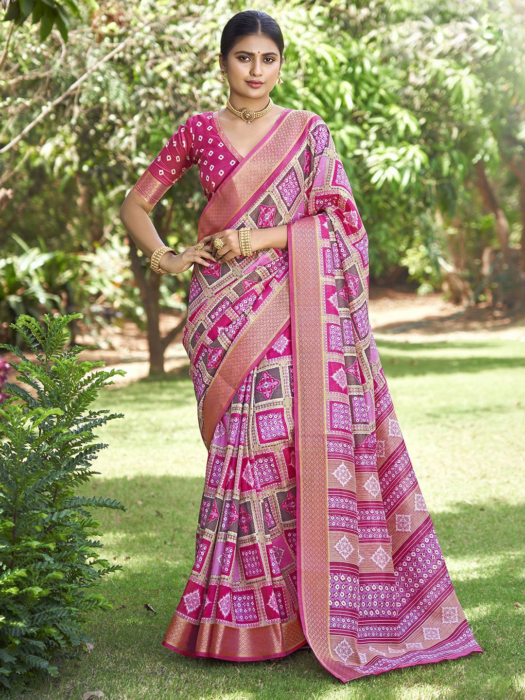 

Ishin Kalamkari Printed Zari Saree, Pink