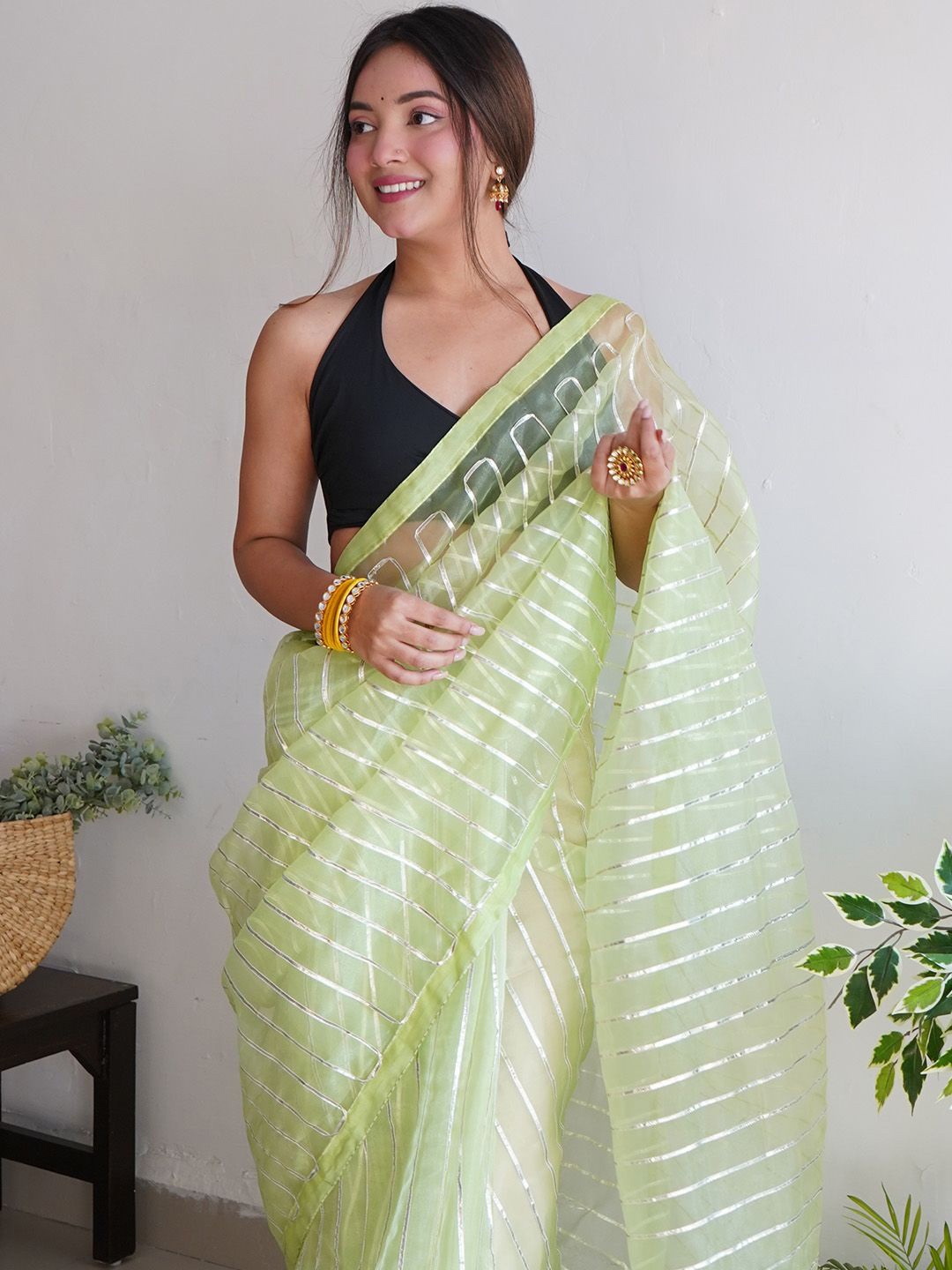 

Ishin Striped Organza Saree, Lime green