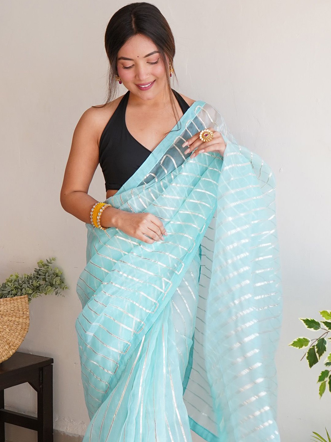 

Ishin Striped Gotta Patti Organza Saree, Blue