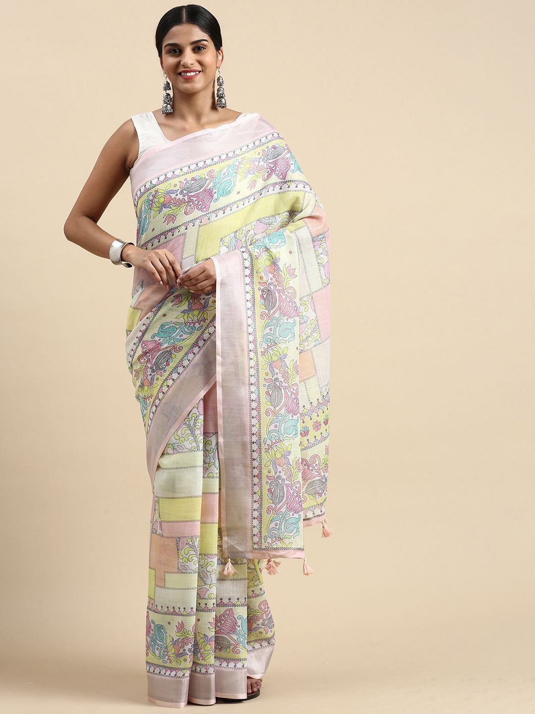 

Ishin Linen Blend Ethnic Motif Festive Saree, Pink