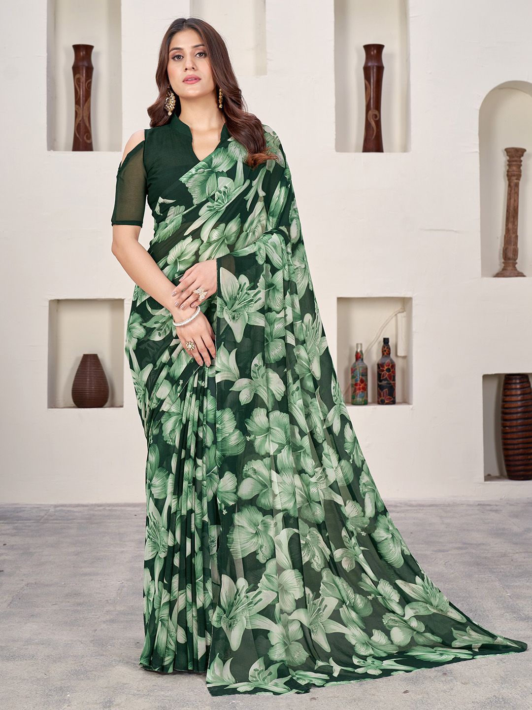 

Ishin Floral No Border Saree, Green