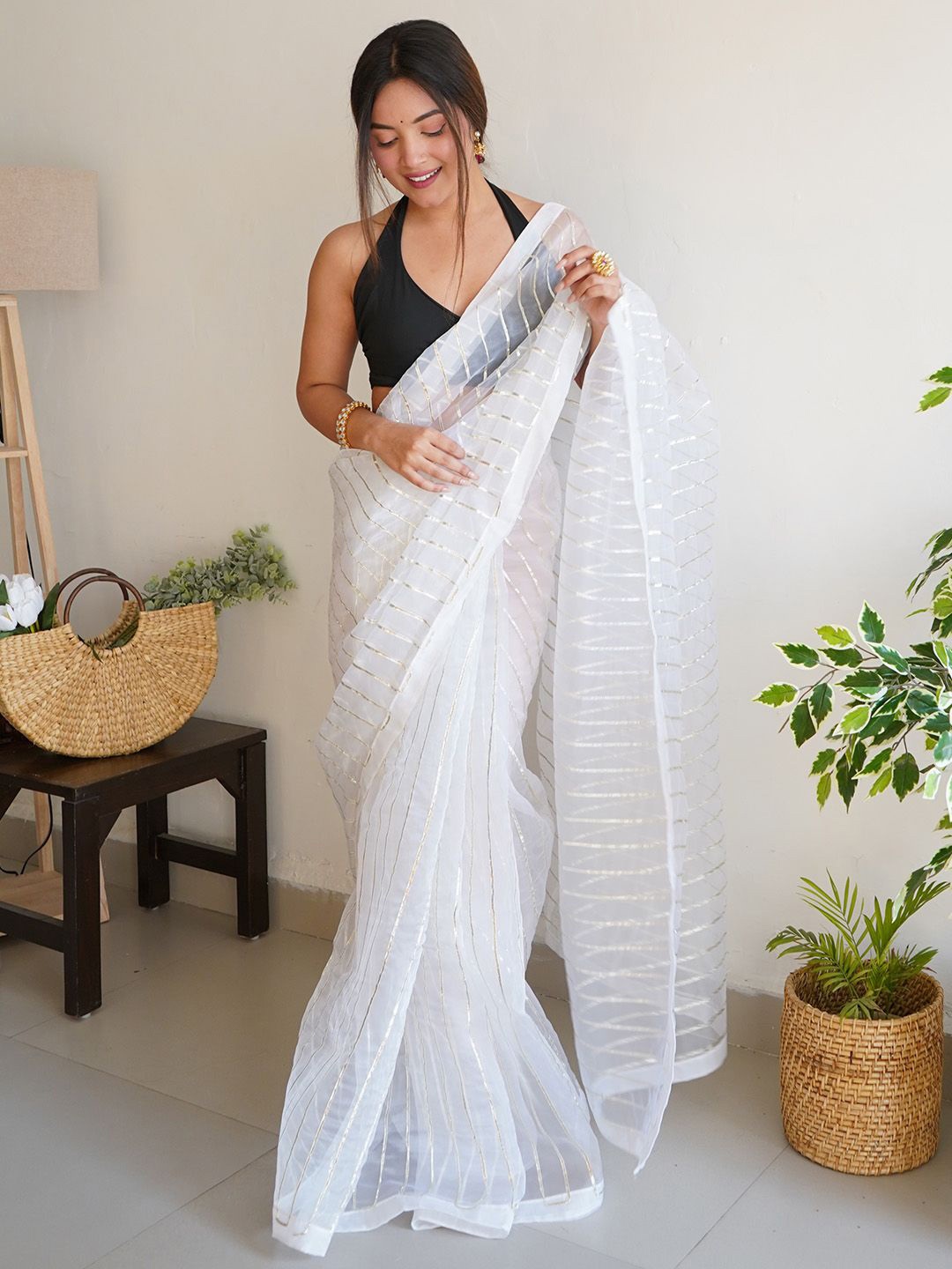 

Ishin Striped Organza Saree, White