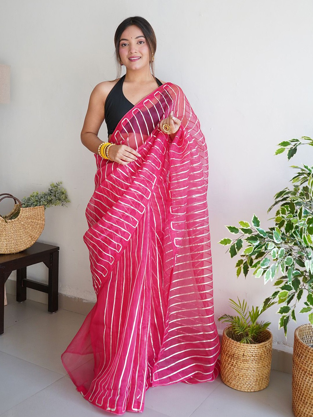 

Ishin Gota Patti Striped Organza Saree, Pink